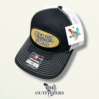 Olympia Gold Trucker Hat – PM Outfitters True Vintage Patch | Richardson 112 Black & White Brewery Heritage
