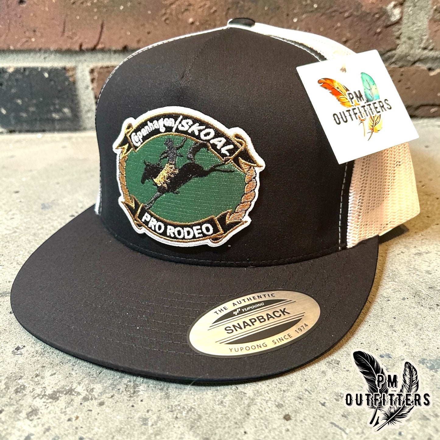 Copenhagen Skoal Pro Rodeo Trucker Hat — PM Outfitters Retro Patch | Yupoong Flat Bill Black White Western Heritage