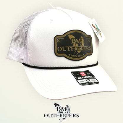 PM Outfitters trucker hat profile view white rope brim black gold patch