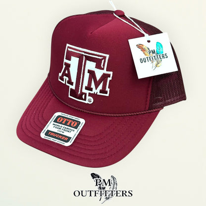 PM Outfitters Texas A&M Aggies ATM embroidered logo patch Otto foam front rope maroon trucker hat