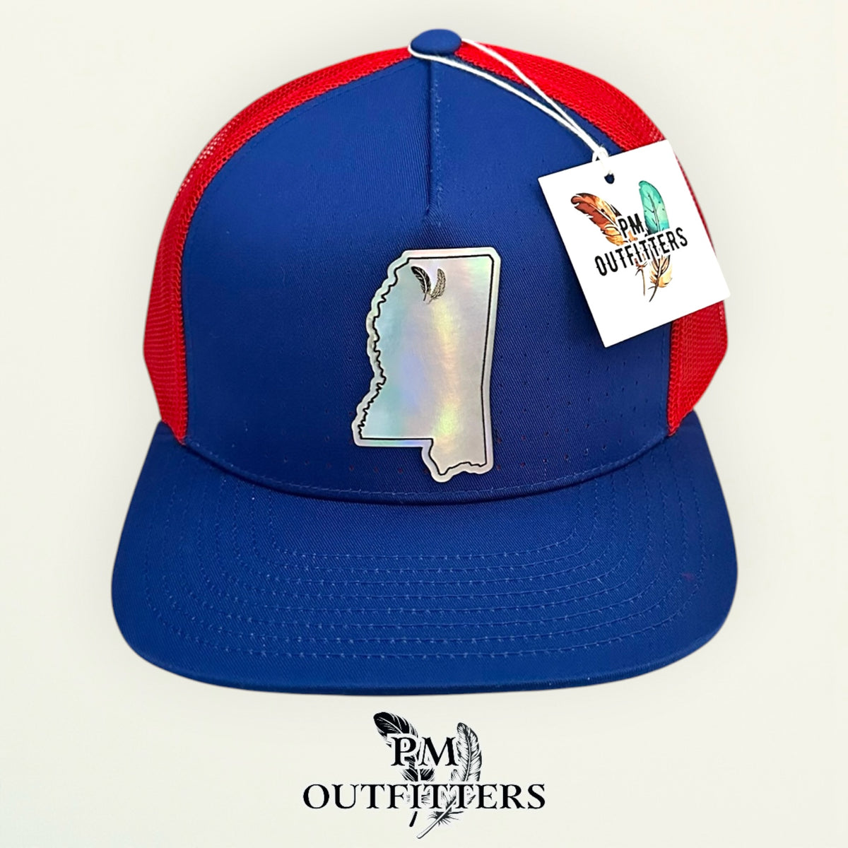 PM Outfitters Ole Miss Tailgate Season holographic vegan leather Mississippi state outline patch trucker hat Oxford two-feather logo blue red