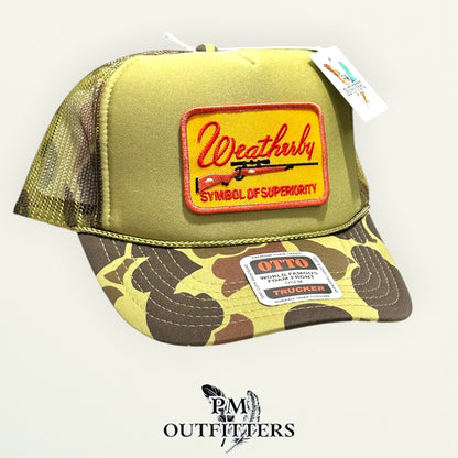 Weatherby trucker hat profile view olive foam front duck camo brim