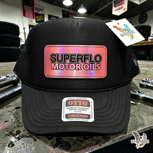 PM Outfitters Superflo Motor Oils trucker hat black Otto foam front holographic patch Days of Thunder