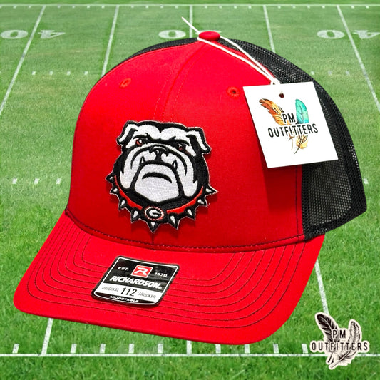 PM Outfitters Georgia Bulldogs mascot head embroidered patch Richardson 112 red black trucker hat