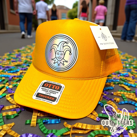 Mardi Gras Holographic Jester Doubloon Trucker Hat - Gold Otto Foam Front
