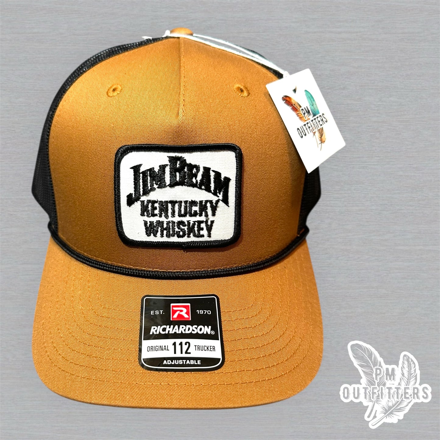 Vintage Jim Beam Kentucky Whiskey Patch Trucker Hat - Richardson 112 Caramel Black Rope