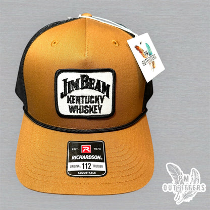 Vintage Jim Beam Kentucky Whiskey Patch Trucker Hat - Richardson 112 Caramel Black Rope