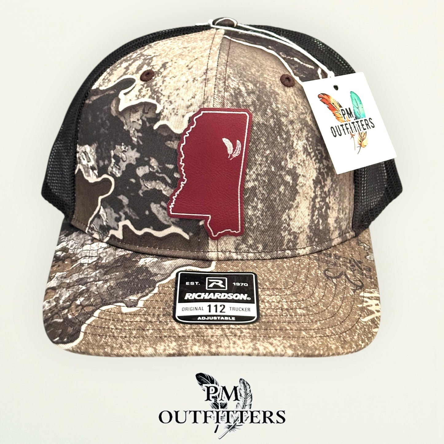 PM Outfitters Mississippi State Tailgate Season maroon vegan leather patch Richardson 112 Realtree Excape camo trucker hat