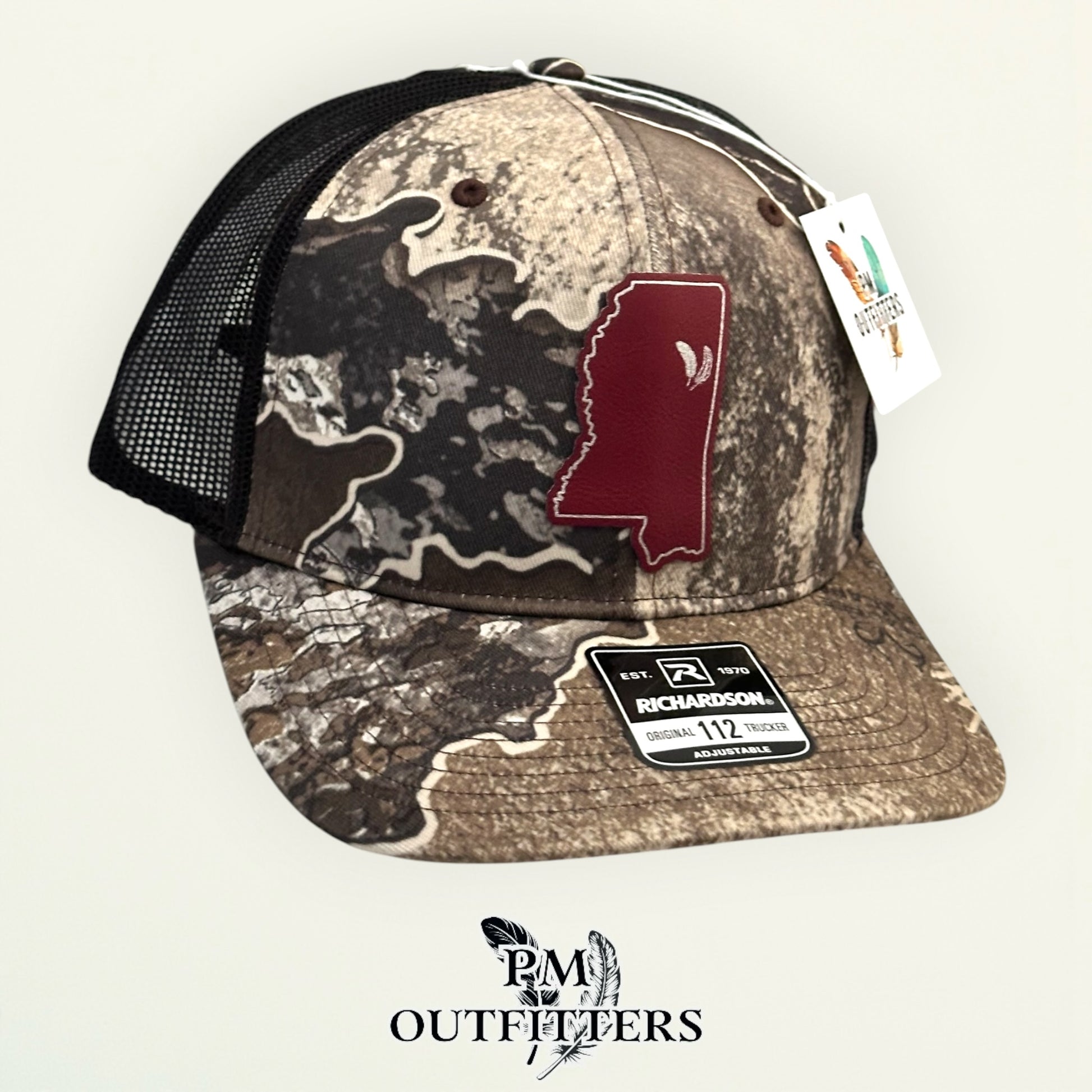 PM Outfitters Mississippi State Tailgate Season maroon vegan leather patch Richardson 112 Realtree Excape camo trucker hat