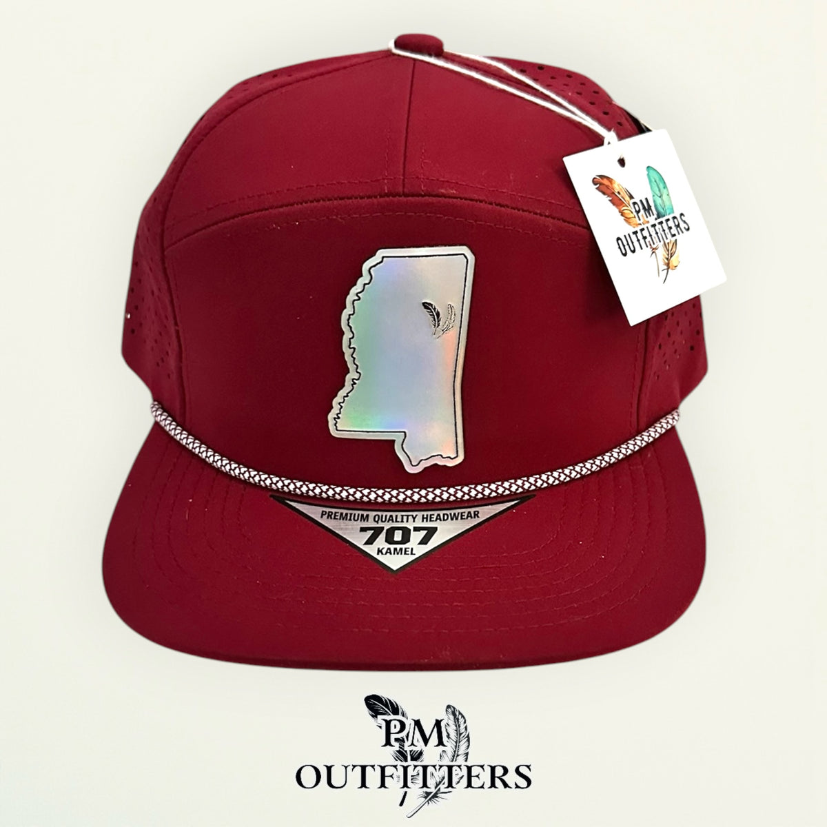 PM Outfitters Mississippi State Tailgate Season holographic vegan leather Mississippi state outline patch trucker hat Starkville two-feather logo maroon white