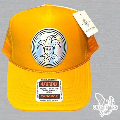 Mardi Gras Holographic Jester Doubloon Trucker Hat - Gold Otto Foam Front
