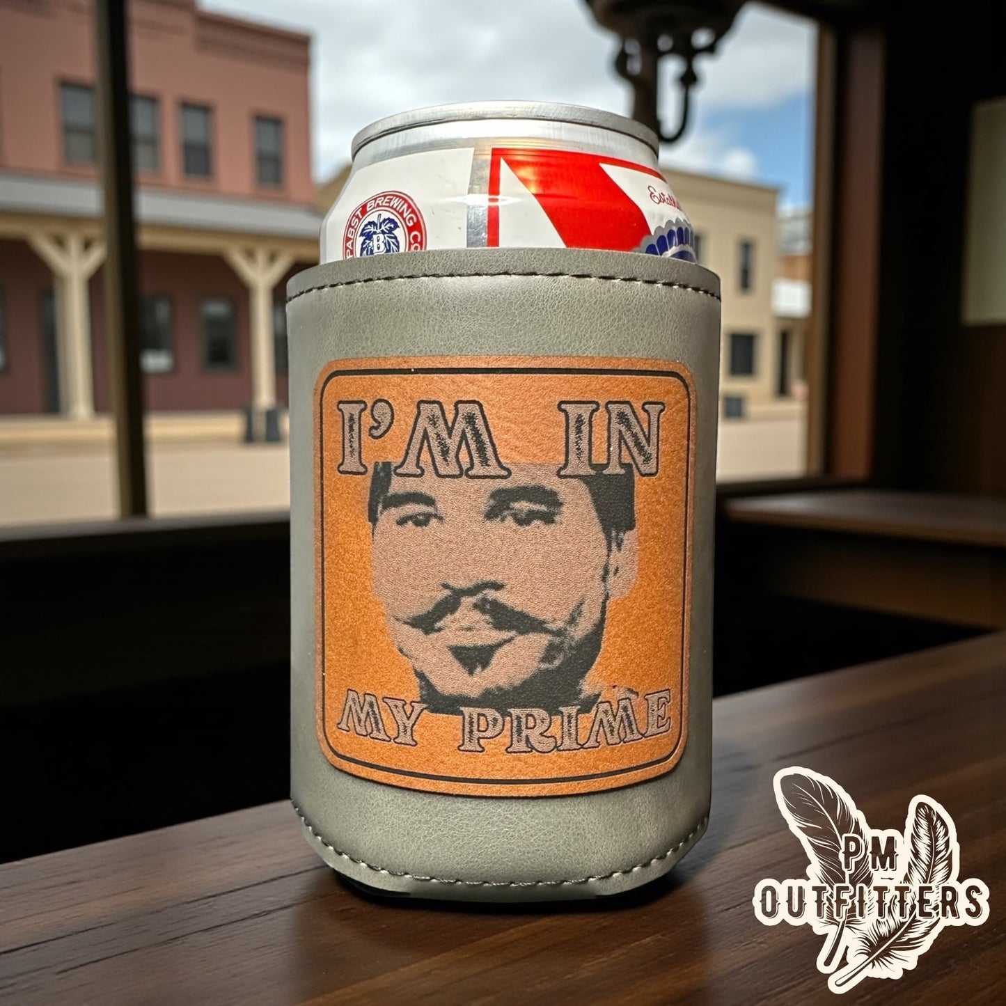 PM Outfitters Custom Laser Engraved Tombstone Doc Holliday “I’m In My Prime” Premium Leatherette Can Cooler - Gray Koozie