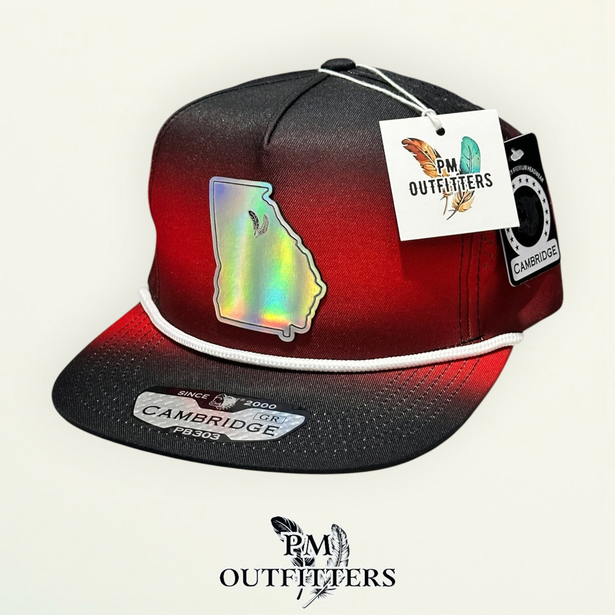 PM Outfitters Georgia Bulldogs holographic vegan leather state outline patch Pitbull Cambridge PB303 gradient black red trucker hat