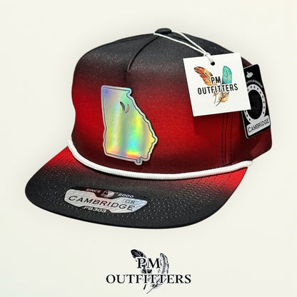 PM Outfitters Georgia Bulldogs holographic vegan leather state outline patch Pitbull Cambridge PB303 gradient black red trucker hat