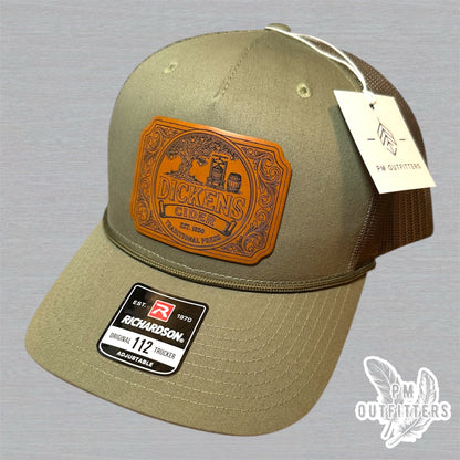 Dickens Cider Trucker Hat - Custom Leatherette Patch Richardson 112 Rope Hat | Loden Green Humor Cap