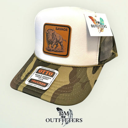 SAVAGE Wild Boar Laser Engraved Patch Hat | Otto Foam Rope Trucker White Camo | PM Outfitters Exclusive Design