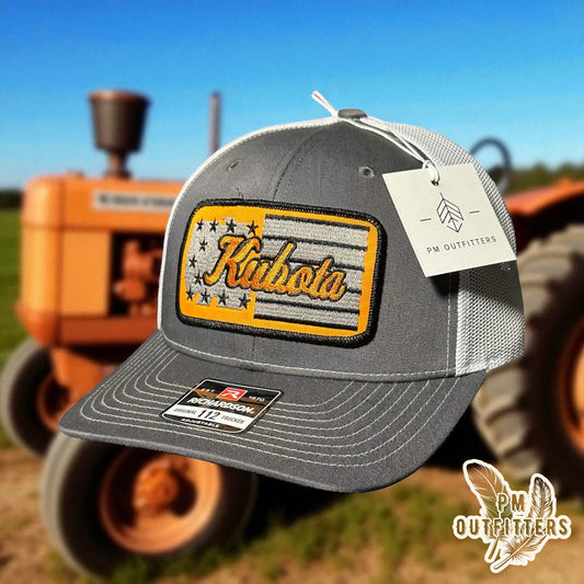 Kubota Tractor American Flag Patch Charcoal & White Richardson 112 Trucker Hat