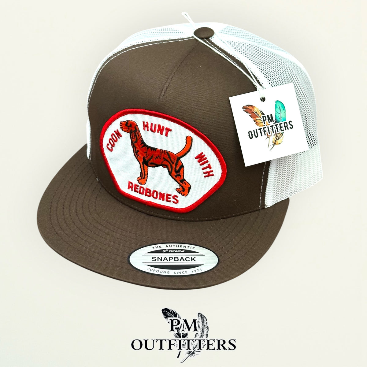 PM Outfitters hang tag Coon Hunt With Redbones trucker hat