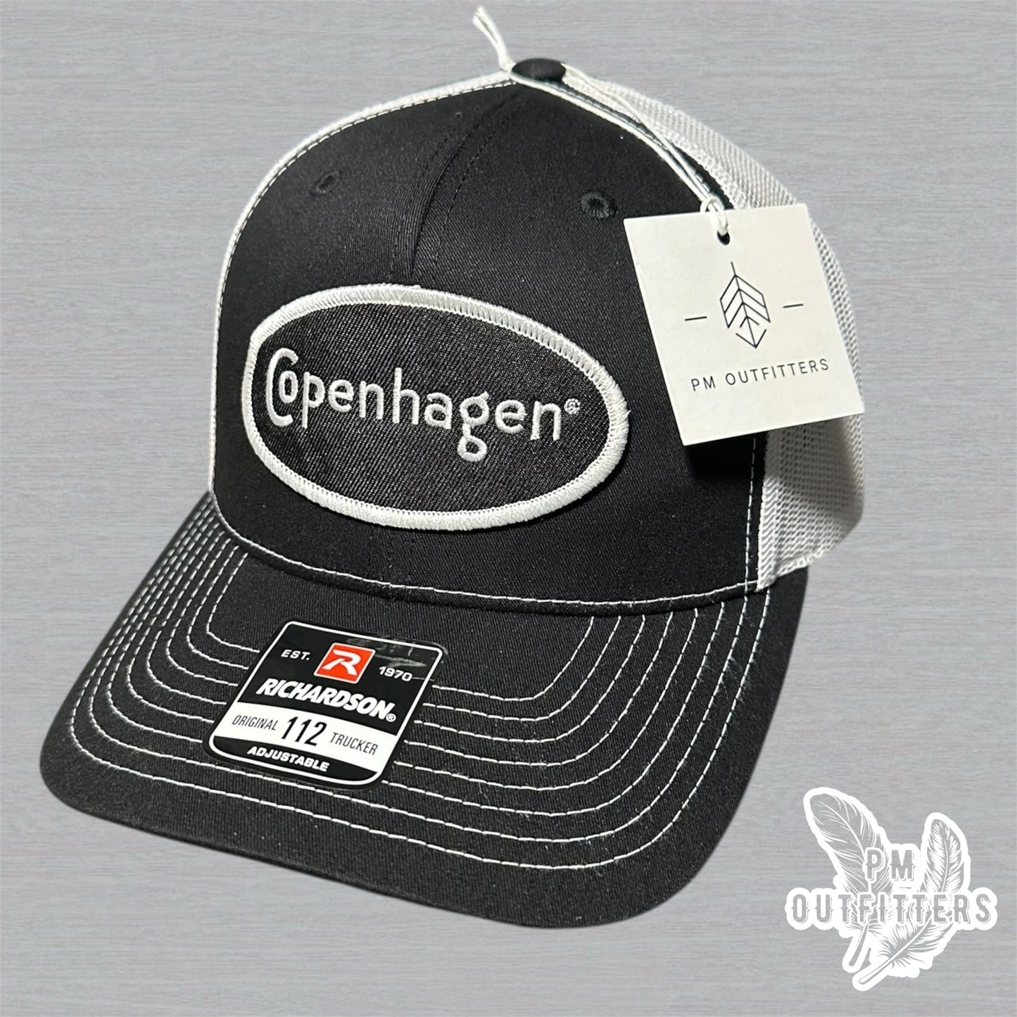 Copenhagen Logo Embroidered Patch on Black and White Richardson 112 Trucker Hat
