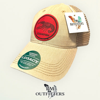 Crawfish Laser Engraved Patch Hat | Legacy Dashboard Trucker Tan Khaki | PM Outfitters Exclusive Design