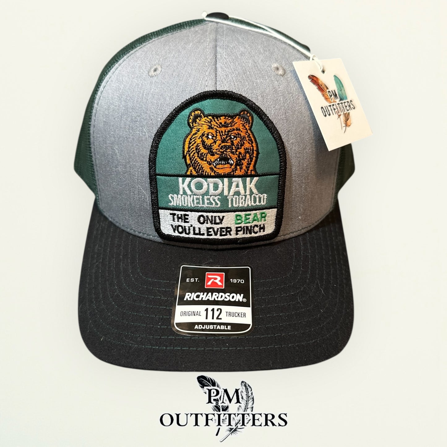 Kodiak Smokeless Tobacco Trucker Hat | PM Outfitters Retro Patch | Richardson 112 Heather Gray, Green & Black
