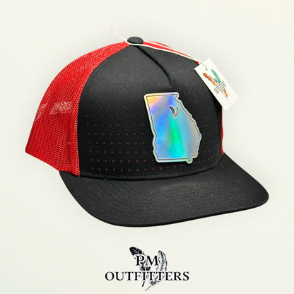 PM Outfitters Georgia Bulldogs holographic vegan leather state outline patch Pacific Headwear 105P black red trucker hat