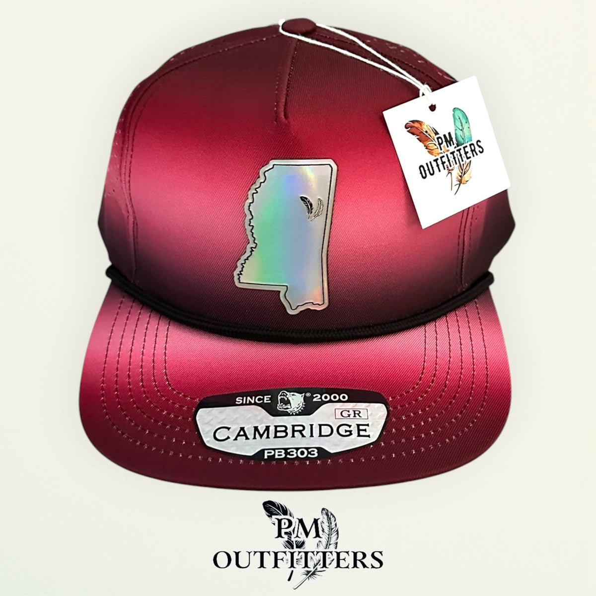 PM Outfitters Mississippi State Tailgate Season holographic vegan leather Mississippi state outline patch trucker hat Starkville two-feather logo maroon black gradient