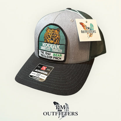 Kodiak Smokeless Tobacco Trucker Hat | PM Outfitters Retro Patch | Richardson 112 Heather Gray, Green & Black
