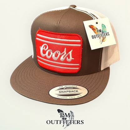 Coors Beer Trucker Hat — PM Outfitters Retro Patch | Yupoong Flat Bill Brown White Rocky Mountain Heritage