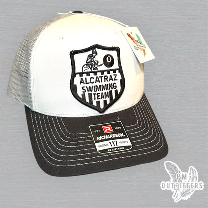 Vintage Alcatraz Swimming Team Patch Trucker Hat - Richardson 112 White, Black & Gray