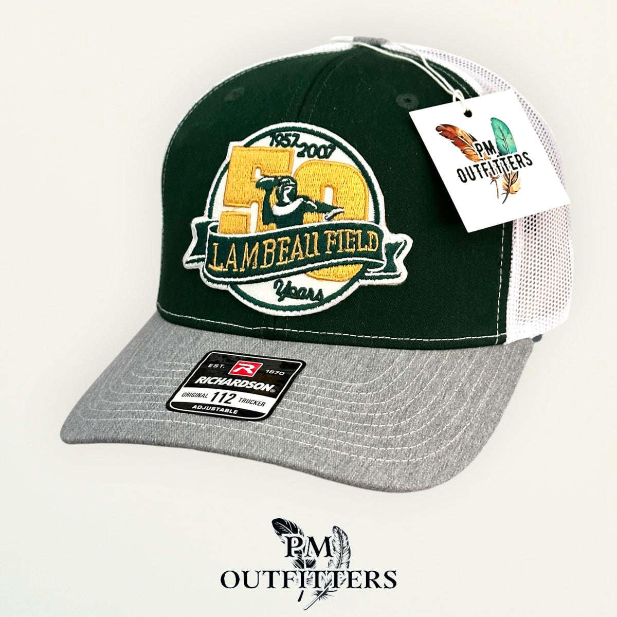 PM Outfitters Green Bay Packers Lambeau Field 50th Anniversary embroidered patch Richardson 112 green gray trucker hat