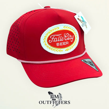 Falls City Beer trucker hat profile view red rope brim Dallas 804