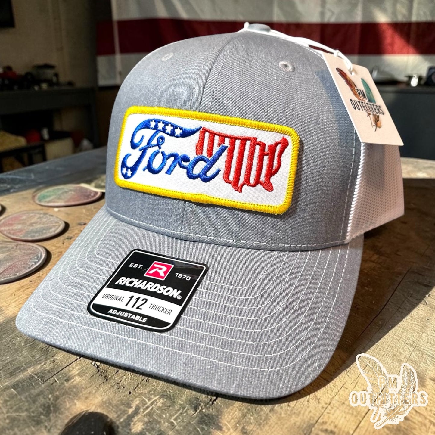 Ford USA Patriotic Patch Trucker Hat - PM Outfitters | Richardson 112 Heather Gray White American Automotive Heritage