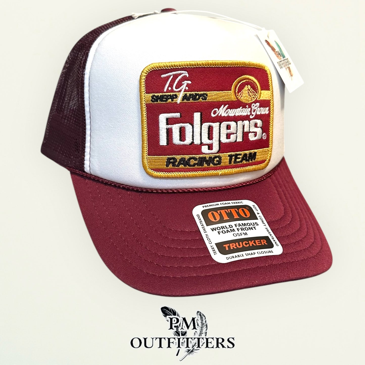 TG Sheppard's Folgers Racing Team Trucker Hat — Otto Foam Rope Trucker | White & Maroon
