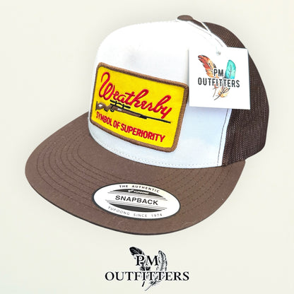 Weatherby Symbol of Superiority Trucker Hat — PM Outfitters Retro Patch | YP Classics Flat Bill White Brown Hunting Heritage