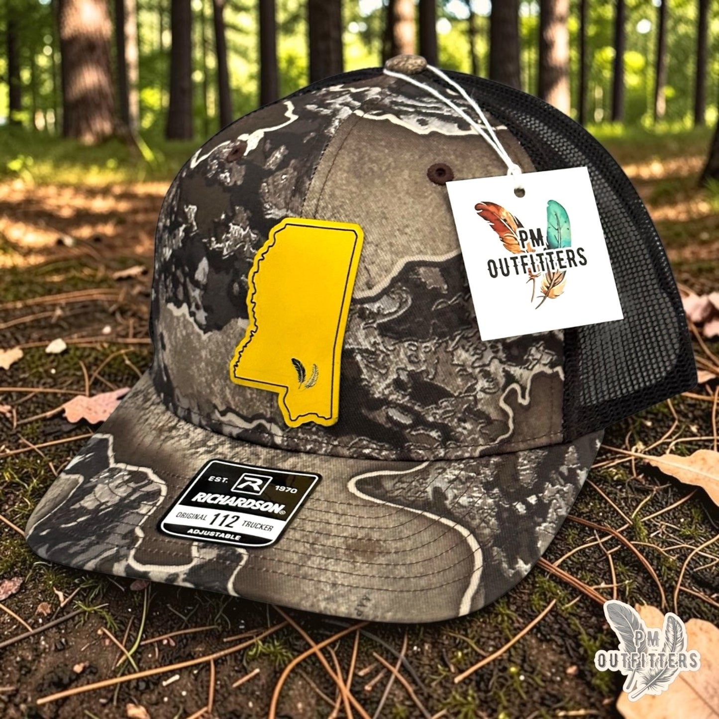 PM Outfitters Southern Miss Tailgate Season gold black vegan leather patch Richardson 112 Realtree Excape camo trucker hat
