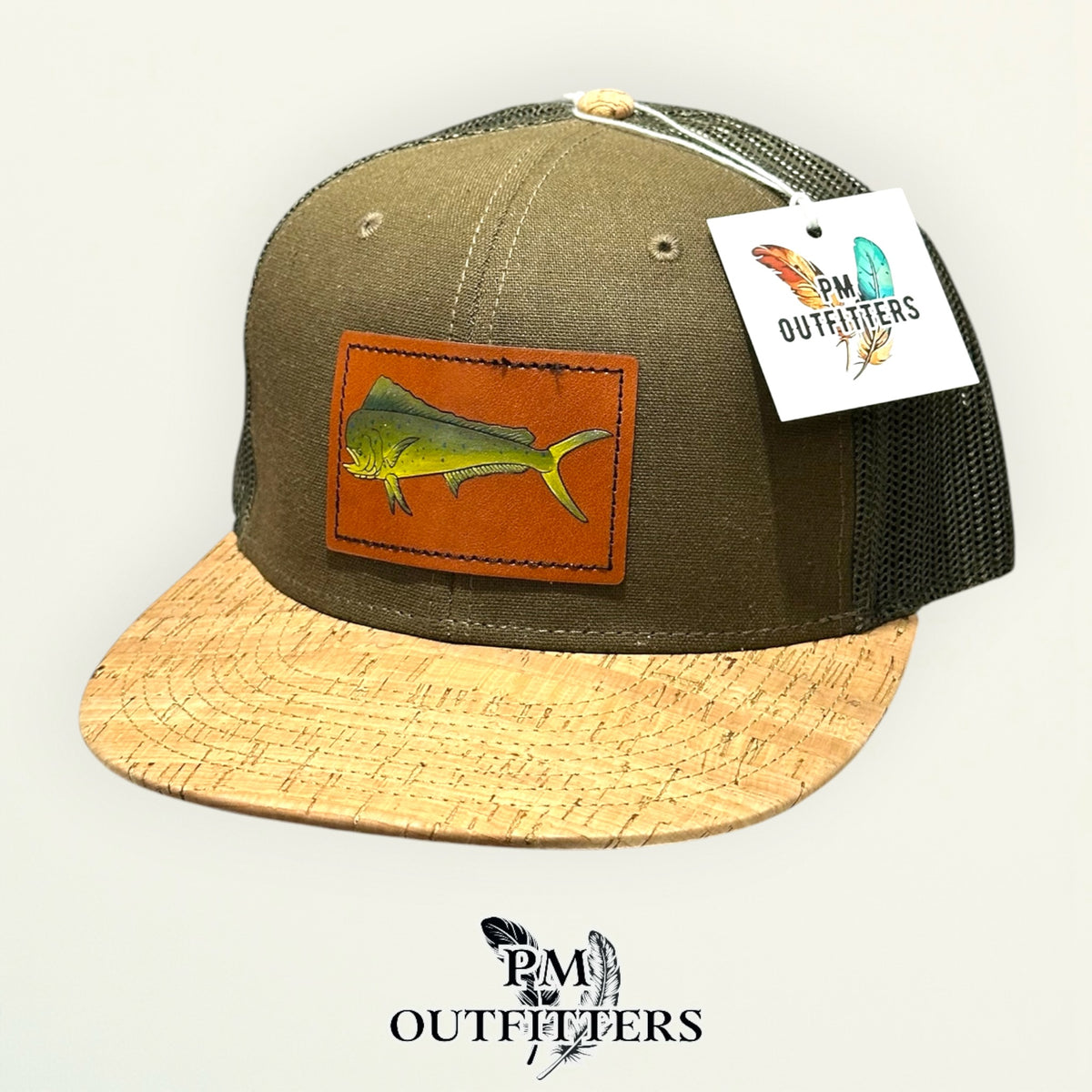 Hand-painted mahi-mahi patch on an olive Otto 141 cork-bill trucker hat, PM Outfitters True Originals