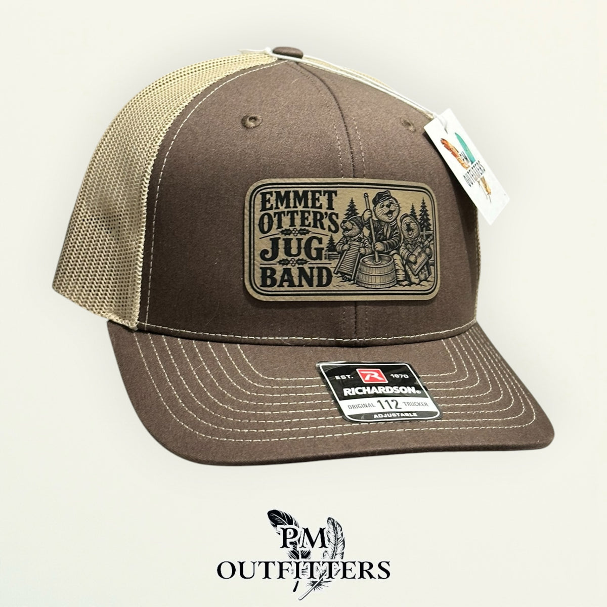 Emmet Otter's Jug-Band Christmas trucker hat profile view brown front tan mesh