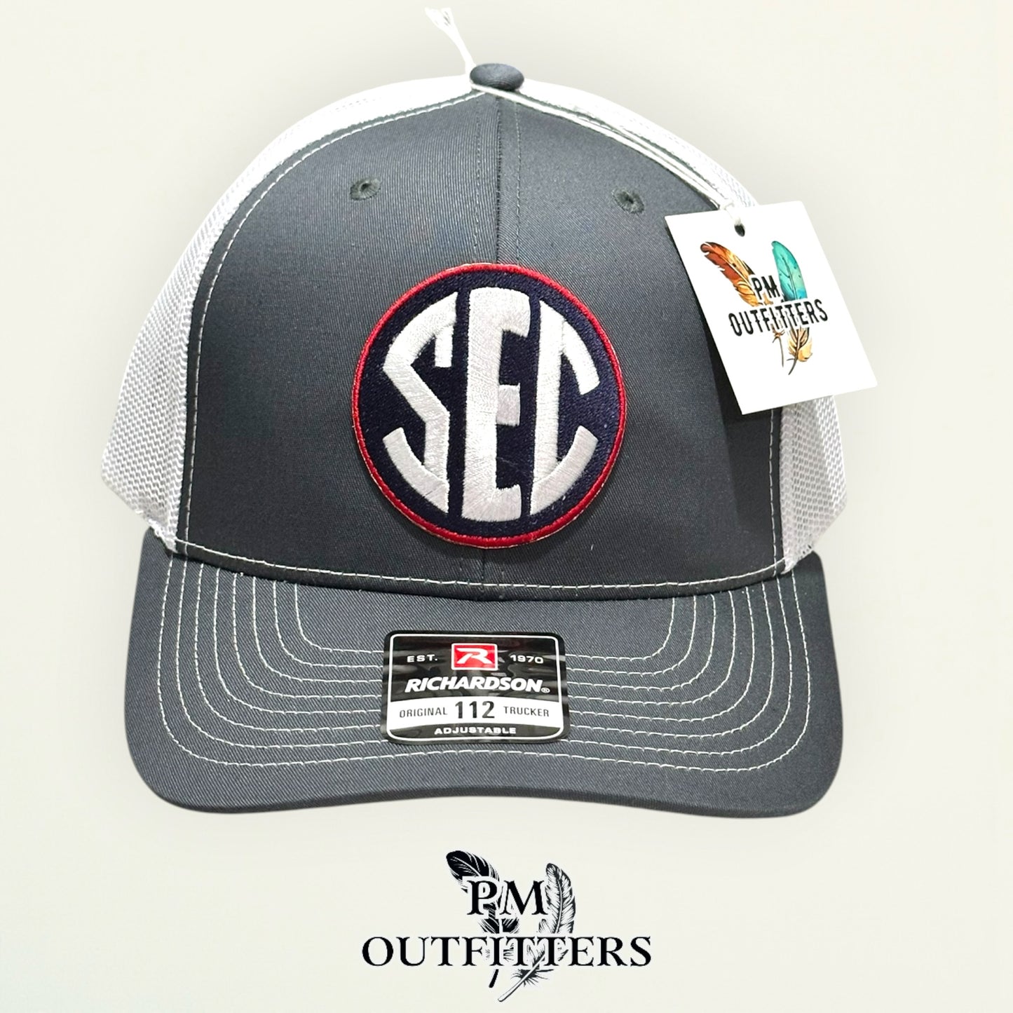 Ole Miss SEC Jersey Patch Trucker Hat | PM Outfitters Richardson 112 Charcoal & White | Hotty Toddy