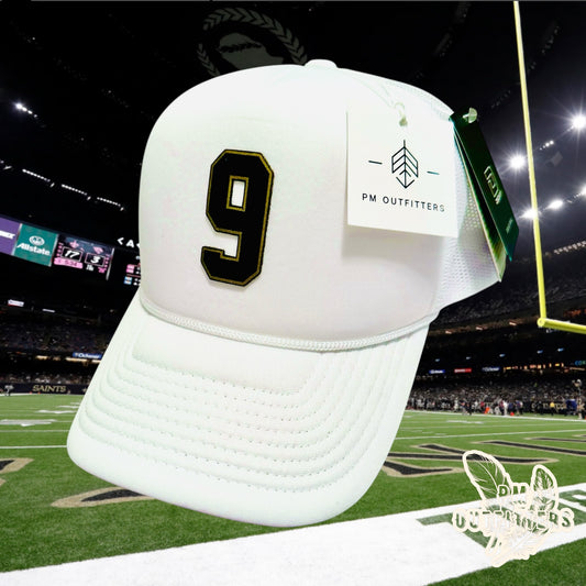 White Decky Foam Trucker Hat - Drew Brees Saints Away Jersey Style | Custom #9 Leatherette Patch