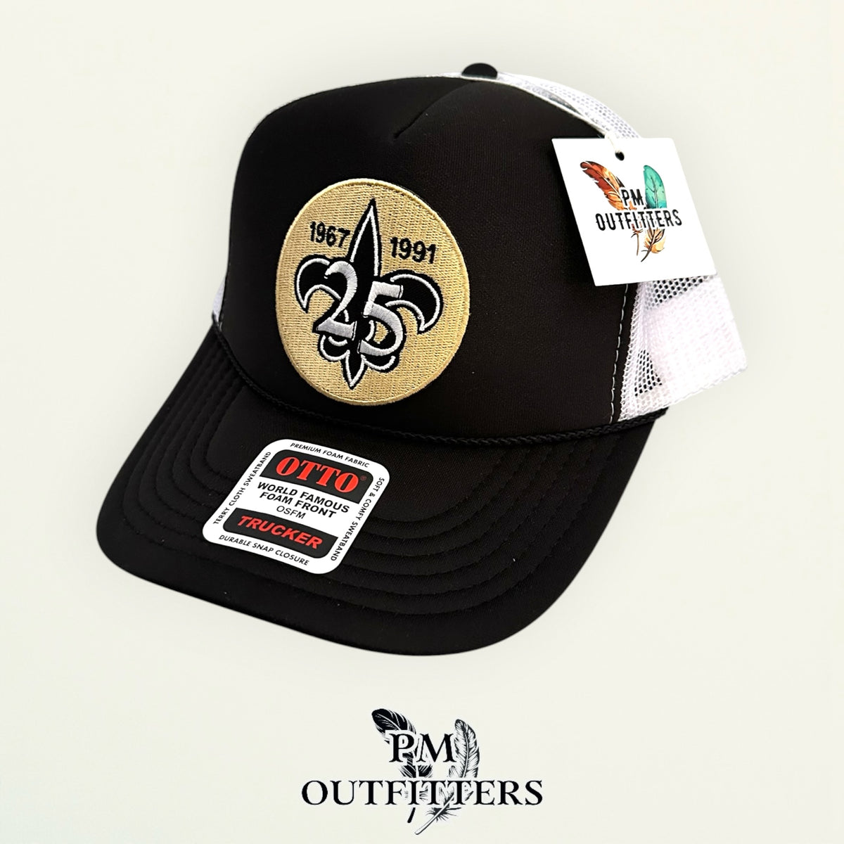 PM Outfitters New Orleans Saints 25th Anniversary embroidered patch Otto foam front rope black white trucker hat