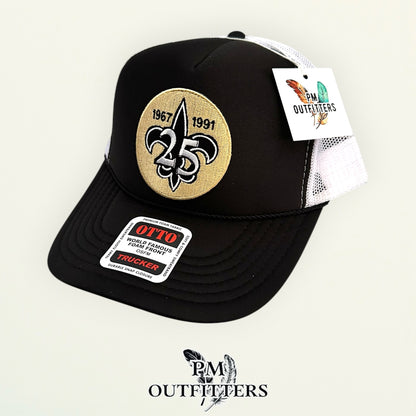 PM Outfitters New Orleans Saints 25th Anniversary embroidered patch Otto foam front rope black white trucker hat