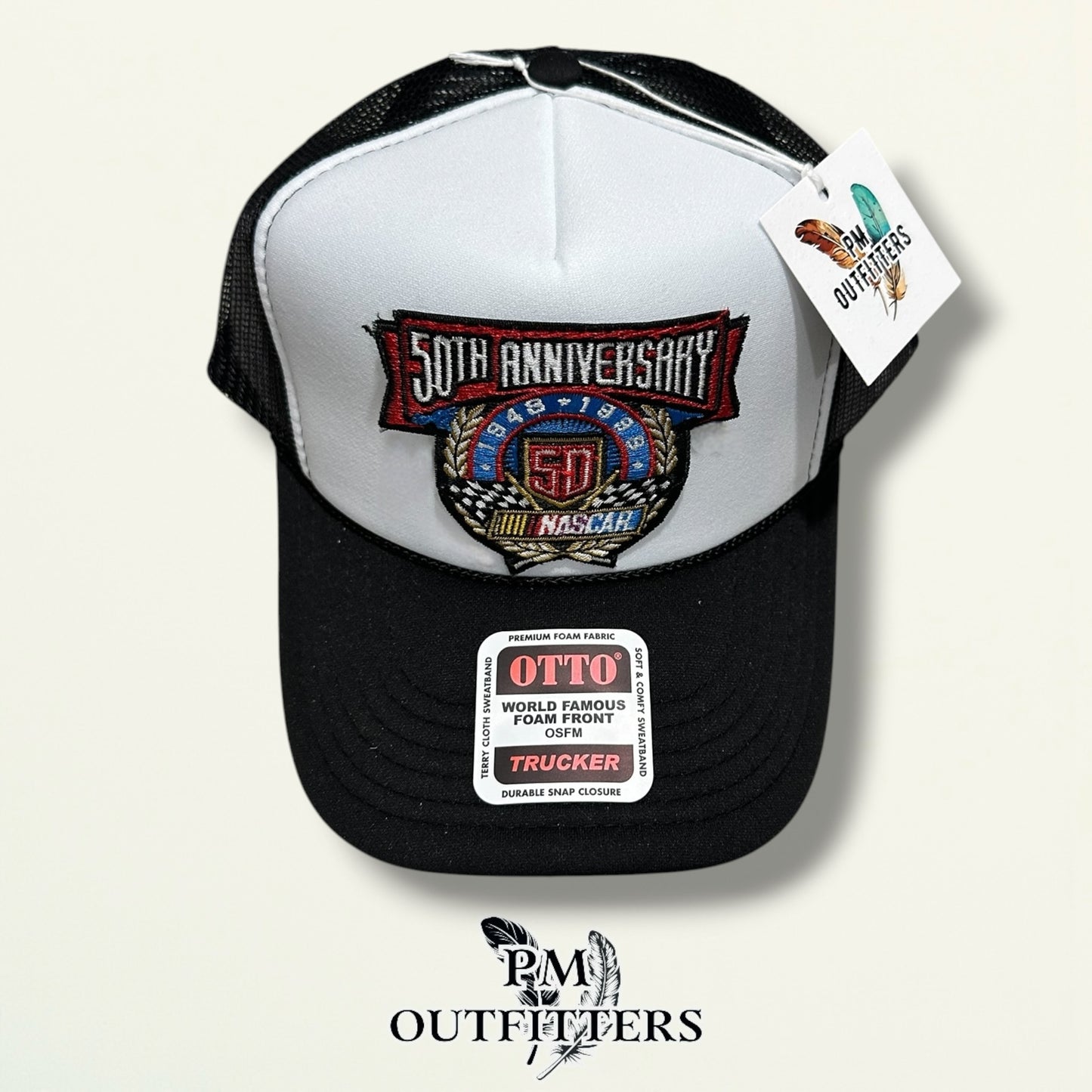 NASCAR 50th Anniversary Trucker Hat – PM Outfitters True Vintage Patch | Otto Foam Rope Black & White