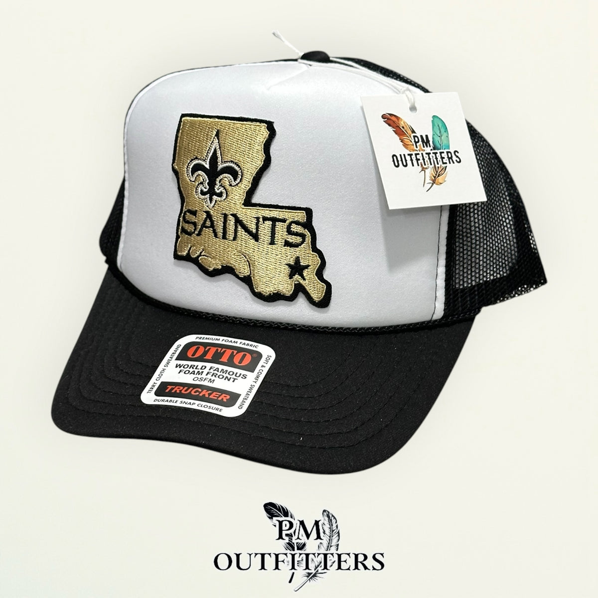 PM Outfitters New Orleans Saints Louisiana state outline embroidered patch Otto foam front rope white black trucker hat