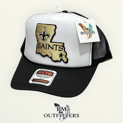 PM Outfitters New Orleans Saints Louisiana state outline embroidered patch Otto foam front rope white black trucker hat
