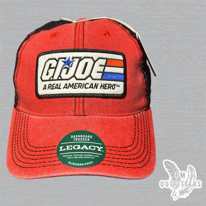 Red & Black Legacy Dashboard Trucker Hat – Embroidered G.I. Joe Patch | Retro Mesh Cap
