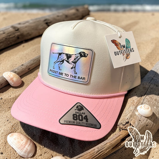 Point Me to the Bar Trucker Hat - PM Outfitters Exclusive | Holographic Laser Patch | Dallas 804 Cream Pink Waterproof Rope Hat