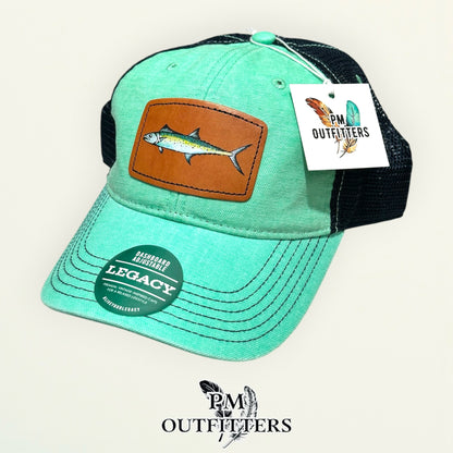 Hand-painted Spanish mackerel patch on a mint Legacy Dashboard trucker hat with black mesh back, PM Outfitters True Originals