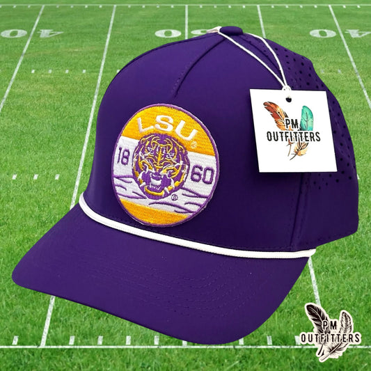 PM Outfitters LSU 1860 embroidered patch Outdoor Cap OC551PF purple white performance rope cap