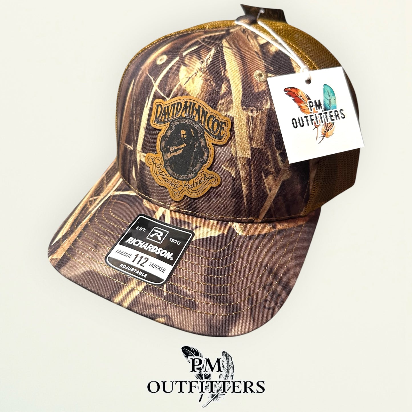 David Allan Coe Longhaired Redneck Tribute Hat — Laser Engraved Vegan Leather Patch | Richardson 112 Realtree Max-7 Camo | PM Outfitters